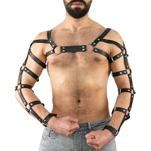 Black Leather Top Shoulder Arm Harness Band Belt Motorcycle Biker Gladiator NWT - Picture 2 of 6